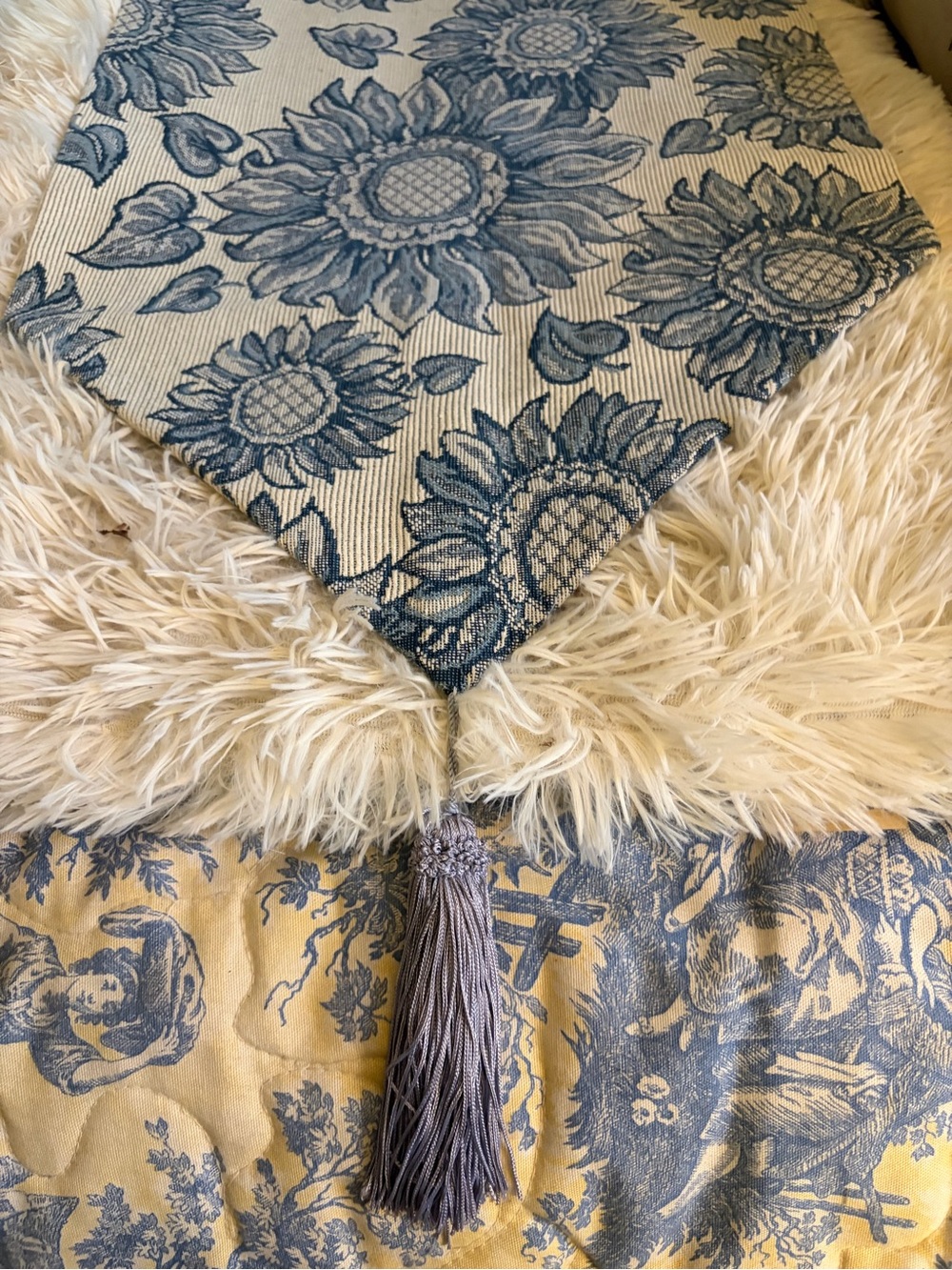 Blue Sunflower Floral Tassel table runner.